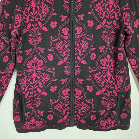 Chico's Silk Blend Cardigan Jacket sz 2 - L Black Magenta Pink Zip Front Pockets - Picture 4 of 13